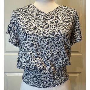 Paper Crane Womens Floral Top Blue White S Flowy Slv Ruched Waist Tie Back NWOT